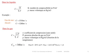 IIT-GCV2- Cours Acoustique du bâtiment S. SGHAIER 2023/2024 11
Dans les liquides
Exemple :
Eau de mer :
Alcool :
Dans les gaz
 