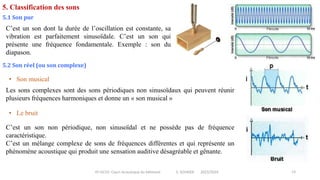 IIT-GCV2- Cours Acoustique du bâtiment S. SGHAIER 2023/2024 13
5. Classification des sons
5.1 Son pur
C’est un son dont la durée de l’oscillation est constante, sa
vibration est parfaitement sinusoïdale. C’est un son qui
présente une fréquence fondamentale. Exemple : son du
diapason.
5.2 Son réel (ou son complexe)
Les sons complexes sont des sons périodiques non sinusoïdaux qui peuvent réunir
plusieurs fréquences harmoniques et donne un « son musical »
• Son musical
• Le bruit
C’est un son non périodique, non sinusoïdal et ne possède pas de fréquence
caractéristique.
C’est un mélange complexe de sons de fréquences différentes et qui représente un
phénomène acoustique qui produit une sensation auditive désagréable et gênante.
 