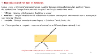 IIT-GCV2- Cours Acoustique du bâtiment S. SGHAIER 2023/2024
15
7. Transmission du bruit dans les bâtiments
L’onde sonore se propage d’une source vers un récepteur dans des milieux élastiques, tels que l’air, l’eau ou
des objets solides. Lorsque le son rencontre une paroi, son énergie sonore est en partie :
Comportement du son lorsqu’il entre en contact avec un matériau (ex : un mur)
• réfléchie : l’énergie réfléchie revient du côté de la source
• absorbée : l’énergie absorbée est soit transformée en chaleur dans la paroi, soit transmise vers d’autres parois
sous forme de vibration
• transmise : l’énergie transmise traverse la paroi et fait vibrer l’air de l’autre côté.
Chaque paroi va se comporter comme un « haut-parleur » diffusant plus ou moins de bruit.
 