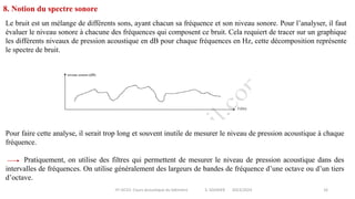 IIT-GCV2- Cours Acoustique du bâtiment S. SGHAIER 2023/2024 16
8. Notion du spectre sonore
Le bruit est un mélange de différents sons, ayant chacun sa fréquence et son niveau sonore. Pour l’analyser, il faut
évaluer le niveau sonore à chacune des fréquences qui composent ce bruit. Cela requiert de tracer sur un graphique
les différents niveaux de pression acoustique en dB pour chaque fréquences en Hz, cette décomposition représente
le spectre de bruit.
Pour faire cette analyse, il serait trop long et souvent inutile de mesurer le niveau de pression acoustique à chaque
fréquence.
Pratiquement, on utilise des filtres qui permettent de mesurer le niveau de pression acoustique dans des
intervalles de fréquences. On utilise généralement des largeurs de bandes de fréquence d’une octave ou d’un tiers
d’octave.
 