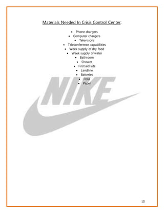 15
Materials Needed In Crisis Control Center:
 Phone chargers
 Computer chargers
 Televisions
 Teleconference capabilities
 Week supply of dry food
 Week supply of water
 Bathroom
 Shower
 First aid kits
 Landline
 Batteries
 Pens
 Paper
 