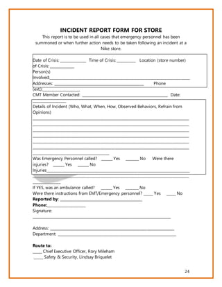 24
INCIDENT REPORT FORM FOR STORE
This report is to be used in all cases that emergency personnel has been
summoned or when further action needs to be taken following an incident at a
Nike store.
Date of Crisis: ______________ Time of Crisis: __________ Location (store number)
of Crisis: _____________
Person(s)
Involved:_____________________________________________________________________________
Addresses: _________________________________________________ Phone
(ext.):____________________
CMT Member Contacted: _______________________________________________ Date:
__________________
Details of Incident (Who, What, When, How, Observed Behaviors, Refrain from
Opinions)
______________________________________________________________________________________
______________________________________________________________________________________
______________________________________________________________________________________
______________________________________________________________________________________
______________________________________________________________________________________
______________________________________________________________________________________
__________________________________________
Was Emergency Personnel called? ______ Yes _______ No Were there
injuries? ______ Yes ______ No
Injuries_______________________________________________________________________________
______________________________________________________________________________________
_______________
If YES, was an ambulance called? ______ Yes _______ No
Were there instructions from EMT/Emergency personnel? _____ Yes _____ No
Reported by: _____________________________________________
Phone:_____________________
Signature:
____________________________________________________________________________
Address: ____________________________________________________________________
Department: _________________________________________________________________
Route to:
_____ Chief Executive Officer, Rory Mileham
_____ Safety & Security, Lindsay Briquelet
 