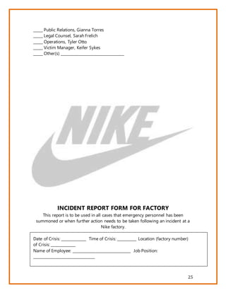 25
_____ Public Relations, Gianna Torres
_____ Legal Counsel, Sarah Frelich
_____ Operations, Tyler Otto
_____ Victim Manager, Keifer Sykes
_____ Other(s) __________________________________
INCIDENT REPORT FORM FOR FACTORY
This report is to be used in all cases that emergency personnel has been
summoned or when further action needs to be taken following an incident at a
Nike factory.
Date of Crisis: _____________ Time of Crisis: __________ Location (factory number)
of Crisis: _____________
Name of Employee: _______________________________ Job Position:
_________________________________
 