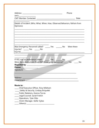 26
Address: _________________________________________________ Phone
(ext.):____________________
CMT Member Contacted: _______________________________________________ Date:
__________________
Details of Incident (Who, What, When, How, Observed Behaviors, Refrain from
Opinions)
______________________________________________________________________________________
______________________________________________________________________________________
______________________________________________________________________________________
______________________________________________________________________________________
______________________________________________________________________________________
______________________________________________________________________________________
__________________________________________
Was Emergency Personnel called? ______ Yes _______ No Were there
injuries? ______ Yes ______ No
Injuries_______________________________________________________________________________
______________________________________________________________________________________
_______________
If YES, was an ambulance called? ______ Yes _______ No
Were there instructions from EMT/Emergency personnel? _____ Yes _____ No
Reported by: _____________________________________________
Phone:_____________________
Signature:
____________________________________________________________________________
Address: ____________________________________________________________________
Department: _________________________________________________________________
Route to:
_____ Chief Executive Officer, Rory Mileham
_____ Safety & Security, Lindsay Briquelet
_____ Public Relations, Gianna Torres
_____ Legal Counsel, Sarah Frelich
_____ Operations, Tyler Otto
_____ Victim Manager, Keifer Sykes
_____ Other(s) __________________________________
 