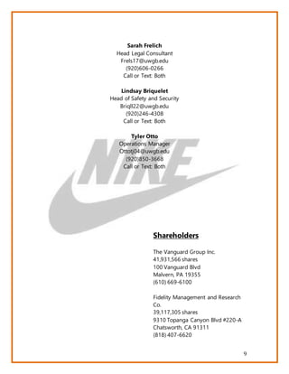 9
Sarah Frelich
Head Legal Consultant
Frels17@uwgb.edu
(920)606-0266
Call or Text: Both
Lindsay Briquelet
Head of Safety and Security
Briqll22@uwgb.edu
(920)246-4308
Call or Text: Both
Tyler Otto
Operations Manager
Ottotj04@uwgb.edu
(920)850-3668
Call or Text: Both
Shareholders
The Vanguard Group Inc.
41,931,566 shares
100 Vanguard Blvd
Malvern, PA 19355
(610) 669-6100
Fidelity Management and Research
Co.
39,117,305 shares
9310 Topanga Canyon Blvd #220-A
Chatsworth, CA 91311
(818) 407-6620
 