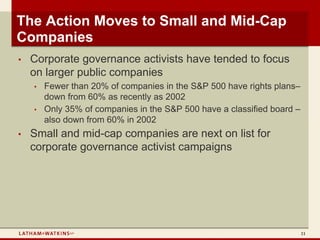 The Action Moves to Small and Mid-Cap
Companies
•   Corporate governance activists have tended to focus
    on larger public companies
    •   Fewer than 20% of companies in the S&P 500 have rights plans–
        down from 60% as recently as 2002
    •   Only 35% of companies in the S&P 500 have a classified board –
        also down from 60% in 2002
•   Small and mid-cap companies are next on list for
    corporate governance activist campaigns




                                                                         11
 