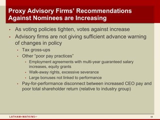 Proxy Advisory Firms’ Recommendations
Against Nominees are Increasing
•   As voting policies tighten, votes against increase
•   Advisory firms are not giving sufficient advance warning
    of changes in policy
    •   Tax gross-ups
    •   Other “poor pay practices”
         •   Employment agreements with multi-year guaranteed salary
             increases, equity grants
         •   Walk-away rights, excessive severance
         •   Large bonuses not linked to performance
    •   Pay-for-performance disconnect between increased CEO pay and
        poor total shareholder return (relative to industry group)




                                                                       18
 