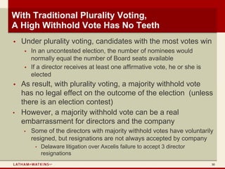 With Traditional Plurality Voting,
A High Withhold Vote Has No Teeth
•   Under plurality voting, candidates with the most votes win
    •   In an uncontested election, the number of nominees would
        normally equal the number of Board seats available
    •   If a director receives at least one affirmative vote, he or she is
        elected
•   As result, with plurality voting, a majority withhold vote
    has no legal effect on the outcome of the election (unless
    there is an election contest)
•   However, a majority withhold vote can be a real
    embarrassment for directors and the company
    •   Some of the directors with majority withhold votes have voluntarily
        resigned, but resignations are not always accepted by company
         •   Delaware litigation over Axcelis failure to accept 3 director
             resignations
                                                                             30
 