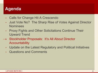 Agenda
•   Calls for Change Hit A Crescendo
•   Just Vote No? The Sharp Rise of Votes Against Director
    Nominees
•   Proxy Fights and Other Solicitations Continue Their
    Upward Trend
•   Stockholder Proposals: It’s All About Director
    Accountability
•   Update on the Latest Regulatory and Political Initiatives
•   Questions and Comments




                                                                42
 