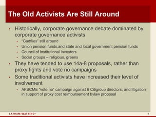 The Old Activists Are Still Around
•   Historically, corporate governance debate dominated by
    corporate governance activists
    •   “Gadflies” still around
    •   Union pension funds,and state and local government pension funds
    •   Council of Institutional Investors
    •   Social groups – religious, greens
•   They have tended to use 14a-8 proposals, rather than
    proxy fights and vote no campaigns
•   Some traditional activists have increased their level of
    involvement
    •   AFSCME “vote no” campaign against 6 Citigroup directors, and litigation
        in support of proxy cost reimbursement bylaw proposal



                                                                                  5
 