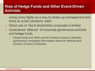 Rise of Hedge Funds and Other Event-Driven
Activists
•   Using proxy fights as a way to shake up management and
    force an event (dividend, sale)
•   Direct use of 14a-8 stockholder proposals is limited
•   Undeclared “alliance” of corporate governance activists
    and hedge funds
    •   Hedge funds and other activist investors support corporate
        governance campaigns that weaken takeover defense and
        primacy of board of directors




                                                                     6
 