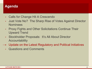 Agenda

•   Calls for Change Hit A Crescendo
•   Just Vote No? The Sharp Rise of Votes Against Director
    Nominees
•   Proxy Fights and Other Solicitations Continue Their
    Upward Trend
•   Stockholder Proposals: It’s All About Director
    Accountability
•   Update on the Latest Regulatory and Political Initiatives
•   Questions and Comments




                                                                62
 