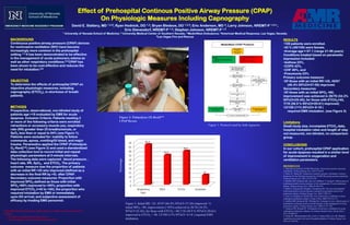 Effect of Prehospital Continous Positive Airway Pressure (CPAP)
On Physiologic Measures Including Capnography
David E. Slattery, MD 1,2,5; Ryan Hodnick, DO 1,2; Bryan Bledsoe, DO 1,2,3; Eric Anderson, MD 4; Larry Johnson, NREMT-P 1,3,4 ;
Eric Dievendorf, NREMT-P 1,4; Stephen Johnson, NREMT-P 1,3
1 University of Nevada School of Medicine; 2 University Medical Center of Southern Nevada, 3 MedicWest Ambulance; 4American Medical Response, Las Vegas, Nevada;
5Las Vegas Fire and Rescue
BACKGROUND
Continuous positive airway pressure (CPAP) devices
for noninvasive ventilation (NIV) have become
increasingly more common in the prehospital
setting.1-2 It has been demonstrated to be effective
in the management of acute pulmonary edema as
well as other respiratory conditions.3-5 CPAP has
been shown to be cost-effective and reduces the
need for intubation.6-8
OBJECTIVE
To determine the effects of prehospital CPAP on
objective physiologic measures, including
capnography (ETCO2), in shortness of breath
patients.
METHODS
Prospective, observational, non-blinded study of
patients age >18 evaluated by EMS for acute
dyspnea. Inclusion Criteria: Patients meeting 2
or more of the following criteria were enrolled:
retractions or accessory muscle use, respiratory
rate (RR) greater than 25 breaths/minute, or
SpO2 less than or equal to 94% (see Figure 1).
Patients were excluded for: inability to follow
commands, apnea, vomiting/GI bleed, and major
trauma. Paramedics applied the CPAP (Pulmodyne
O2-ResQ™) (see Figure 2) and used a standardized
data collection tool to record initial and repeat
physiologic parameters at 5-minute intervals.
The following data were captured: blood pressure ,
heart rate, RR, SpO2, and ETCO2. The primary
outcome measure was the proportion of patients
with an initial RR >25 who improved (defined as a
decrease in the final RR by >5) after CPAP.
Secondary outcome measures: Proportion with
improved SPO2-defined as those with initial
SPO2 <90% improved to >95%; proportion with
improved ETCO2 (>40 to <40); the proportion who
required intubation by EMS or immediately
upon ED arrival; and subjective assessment of
efficacy by treating EMS personnel.
RESULTS
•109 patients were enrolled.
•42 % (46/109) were female.
•Average age = 67.1 (range 21-96 years)
Conditions treated based on paramedic
impression included:
•Asthma 22%,
•COPD 42%,
•CHF 49%, and
•Pneumonia 23%.
Primary outcome measure:
•Of those with an initial RR >25, 45/97
(46.4% 95%CI=37-56) improved.
Secondary measures:
•Of those with an initial SPO2 <90,
improvement was achieved in 26/76 (34.2%
95%CI=25-45); for those with ETCO2>40,
7/18 (38.9 % 95%CI=20-61) improved;
12/109 (11% 95%CI= 6-18 )
required EMS intubation. (see Figure 3)
Limitations
Small study size, incomplete ETCO2 data,
hospital intubation rates and length of stay
not measured, non blinded, no comparison
group.
CONCLUSIONS
In our cohort, prehospital CPAP application
for acute dyspnea resulted in a similar level
of improvement in oxygenation and
ventilation parameters.
REFERENCES
1. National Association of EMS Physicians. Noninvasive positive pressure
ventilation. Prehosp Emerg Care. 201115:418.9
2. Daily JC, Wang HE. Noninvasive positive pressure ventilation: resource
document for the National Association of EMS Physicians position statement.
Prehosp Emerg Care. 2011;15:532-538.
3. Hubble MW, Richards ME, Jarvis R, Millikan T, Young D. Effectiveness of
continuous positive airway pressure in the management of acute pulmonary
edema. Prehosp Emerg Care. 2006;10:430‐439.
4. Kallio T, Kuisma M, Alaspää A, Rosenberg PH. The use of prehospital
continuous positive airway pressure treatment in presumed acute severe
pulmonary edema. Prehosp Emerg Care. 2003;7:209‐213.
5. Gray A, Goodacre S, Newby DE, et al. Noninvasive ventilation in acute
cardiogenic pulmonary edema. N Engl J Med. 2008;359:142‐151.
6. Hubble MW, Richards ME, Wilfong DA. Estimates of cost--effectiveness of
prehospital continuous positive airway pressure in the management of acute
pulmonary edema. Prehosp Emerg Care. 2008;12:277‐285.
7. Simpson PM, Bendall JC. Prehospital non-invasive ventilation for acute
cardiogenic pulmonary oedema: an evidence-based review. Emerg Med J.
2011;28:609‐612.
8. Wang HE, Balasubramani GK, Cook LJ, Yealey DM, Lave JR. Medical
conditions associated with out‐of‐hospital intubation. Prehosp Emerg Care.
2011;15:338-346..
Figure 3. Initial RR >25, 45/97 (46.4% 95%CI=37-56) improved >5,
initial SPO2 <90, improvement (>95%) achieved in 26/76 (34.2%
95%CI=25-45); for those with ETCO2 >40,7/18 (38.9 % 95%CI=20-61)
improved to ETCO2 < 40; 12/109 (11% 95%CI= 6-18 ) required EMS
intubation.
Figure 1. Protocol used by both Agencies
Percentage
Figure 2: Pulmodyne O2-ResQ™
CPAP Device
NAEMSP Disclosure Statement: Authors have no conflicts of interest to disclose.
Funding: .
• No input or interpretation of data results
• No investigators received financial compensation
 