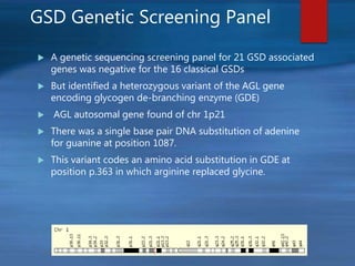 GSD Genetic Screening Panel
 A genetic sequencing screening panel for 21 GSD associated
genes was negative for the 16 classical GSDs
 But identified a heterozygous variant of the AGL gene
encoding glycogen de-branching enzyme (GDE)
 AGL autosomal gene found of chr 1p21
 There was a single base pair DNA substitution of adenine
for guanine at position 1087.
 This variant codes an amino acid substitution in GDE at
position p.363 in which arginine replaced glycine.
 