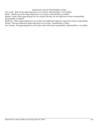 Implementation Manual-M&E System Designed for the NRGP 111
Explanatory notes for Sustainability ratings
Very weak= None of the supporting factors are in place. Sustainability is very unlikely
Weak = Hardly any of the supporting factors are in place. Sustainability is unlikely.
Modest= Some of the supporting factors are in place but they are not sufficient to ensure sustainability.
Sustainability is unlikely.
Moderate= Some supporting factors are in place but additional support is required to ensure sustainability.
Strong= The most important supporting factors are in place. Sustainability is likely.
Very strong= All supporting factors are in place that will ensure sustainability. Sustainability is very likely.
 