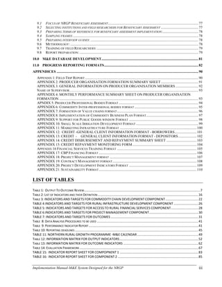 Implementation Manual-M&E System Designed for the NRGP iii
9.1 FOCUS OF NRGP BENEFICIARY ASSESSMENT...................................................................................................77
9.2 SELECTING INSTITUTIONS AND FIELD RESEARCHERS FOR BENEFICIARY ASSESSMENT .........................................77
9.3 PREPARING TERMS OF REFERENCE FOR BENEFICIARY ASSESSMENT IMPLEMENTATION:.......................................78
9.4 SAMPLING FRAMES:.........................................................................................................................................78
9.5 PREPARING INTERVIEW GUIDES: ......................................................................................................................78
9.6 METHODOLOGY:............................................................................................................................................78
9.7 TRAINING OF FIELD RESEARCHERS: ...............................................................................................................79
9.8 REPORT PREPARATION:..................................................................................................................................79
10.0 M&E DATABASE DEVELOPMENT..........................................................................................................81
11.0 PROGRESS REPORTING FORMATS.......................................................................................................82
APPENDICES ...........................................................................................................................................................90
APPENDIX 1: FIELD TRIP REPORT............................................................................................................................90
APPENDIX 2: PRODUCER ORGANISATION FORMATION SUMMARY SHEET.........................................91
APPENDIX 3: GENERAL INFORMATION ON PRODUCER ORGANISATION MEMBERS .........................92
NAME OF SUPERVISOR………………….................................................................................................................93
APPENDIX 4: MONTHLY PERFORMANCE SUMMARY SHEET ON PRODUCER ORGANISATION
FORMATION ........................................................................................................................................................93
APNDIX 5: PRODUCER PROFESSIONAL BODIES FORMAT .......................................................................................94
APPENDIX 6: COMMODITY INTER-PROFESSIONAL BODIES FORMAT ......................................................................95
APPENDIX 7: FORMATION OF VALUE CHAINS FORMAT.........................................................................................96
APPENDIX 8: IMPLEMENTATION OF COMMODITY BUSINESS PLAN FORMAT.........................................................97
APPENDIX 9: SUPPORT FOR PUBLIC GOODS WINDOW FORMAT ............................................................................98
APPENDIX 10: SMALL SCALE IRRIGATION DEVELOPMENT FORMAT ....................................................................99
APPENDIX 11: MARKETING INFRASTRUCTURE FORMAT ....................................................................................100
APPENDIX 12: CREDIT -GENERAL CLIENT INFORMATION FORMAT - BORROWERS........................101
APPENDIX 13: CREDIT - GENERAL CLIENT INFORMATION FORMAT - DEPOSITORS....................102
APPENDIX 14: CREDIT DISBURSEMENT AND REPAYMENT SUMMARY SHEET .................................103
APPENDIX 15: CREDIT REPAYMENT MONITORING FORM......................................................................104
APPENDIX 16 FINANCIAL SERVICES TRAINING FORMAT .......................................................................................105
APPENDIX 17: CBP FINANCING FORMAT ...........................................................................................................106
APPENDIX 18: PROJECT MANAGEMENT FORMAT ...............................................................................................107
APPENDIX 19: CONTRACT MANAGEMENT FORMAT............................................................................................108
APPENDIX 20: PROJECT DEVELOPMENT INDICATORS FORMAT ..........................................................................109
APPENDIX 21: SUSTAINABILITY FORMAT...........................................................................................................110
LIST OF TABLES
TABLE 1: OUTPUT TO OUTCOME REVIEW...............................................................................................................................7
TABLE 2: LIST OF INDICATORS AND THEIR DEFINITION ..............................................................................................................16
TABLE 3: INDICATORS AND TARGETS FOR COMMODITY CHAIN DEVELOPMENT COMPONENT....................................22
TABLE 4:INDICATORS AND TARGETS FOR RURAL INFRASTRUCTURE DEVELOPMENT COMPONENT ...........................26
TABLE 5: INDICATORS AND TARGETS FOR ACCESS TO RURAL FINANCIAL SERVICES COMPONENT..............................28
TABLE 6:INDICATORS AND TARGETS FOR PROJECT MANAGEMENT COMPONENT......................................................30
TABLE 7: INDICATORS AND TARGETS FOR OUTCOMES................................................................................................31
TABLE 8: DATA ANALYSIS PROCEDURES TO BE USED ...............................................................................................................41
TABLE 9: PERFORMANCE INDICATOR REPORT........................................................................................................................41
TABLE 10: REPORTING DEADLINES .......................................................................................................................................45
TABLE 11: NORTHERN RURAL GROWTH PROGRAMME -M&E CALENDAR...................................................................49
TABLE 12: INFORMATION MATRIX FOR OUTPUT INDICATORS......................................................................................52
TABLE 13: INFORMATION MATRIX FOR OUTCOME INDICATORS ..................................................................................62
TABLE 14: EVALUATION FRAMEWORK..................................................................................................................................67
TABLE 15: INDICATOR REPORT SHEET FOR COMPOPNENT 1 ......................................................................................83
TABLE 16: INDICATOR REPORT SHEET FOR COMPONENT 2 ........................................................................................85
 