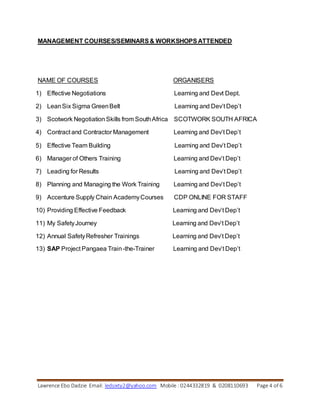 Lawrence Ebo Dadzie Email: ledsixty2@yahoo.com Mobile : 0244332819 & 0208110693 Page 4 of 6
MANAGEMENT COURSES/SEMINARS& WORKSHOPSATTENDED
NAME OF COURSES ORGANISERS
1) Effective Negotiations Learning and Devt Dept.
2) LeanSix Sigma GreenBelt Learning and Dev’t Dep’t
3) Scotwork Negotiation Skills from SouthAfrica SCOTWORK SOUTH AFRICA
4) Contract and Contractor Management Learning and Dev’t Dep’t
5) Effective Team Building Learning and Dev’t Dep’t
6) Manager of Others Training Learning and Dev’t Dep’t
7) Leading for Results Learning and Dev’t Dep’t
8) Planning and Managing the Work Training Learning and Dev’t Dep’t
9) Accenture Supply Chain AcademyCourses CDP ONLINE FOR STAFF
10) Providing Effective Feedback Learning and Dev’t Dep’t
11) My SafetyJourney Learning and Dev’t Dep’t
12) Annual SafetyRefresher Trainings Learning and Dev’t Dep’t
13) SAP Project Pangaea Train -the-Trainer Learning and Dev’t Dep’t
 