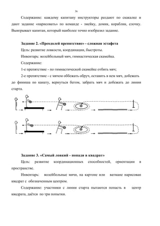 36
Содержание: каждому капитану инструкторы раздают по скакалке и
дают задание «нарисовать» по команде - змейку, домик, кораблик, елочку.
Выигрывает капитан, который наиболее точно изобразил задание.
Задание 2. «Преодолей препятствие» - сложная эстафета
Цель: развитие ловкости, координации, быстроты.
Инвентарь: волейбольный мяч, гимнастическая скамейка.
Содержание:
1-е препятствие - по гимнастической скамейке отбить мяч;
2-е препятствие - с мячом оббежать обруч, оставить в нем мяч, добежать
до финиша по канату, вернуться бегом, забрать мяч и добежать до линии
старта.
Задание 3. «Самый ловкий - попади в квадрат»
Цель: развитие координационных способностей, ориентации в
пространстве.
Инвентарь: волейбольные мячи, на картоне или ватмане нарисован
квадрат с обозначенным центром.
Содержание: участники с линии старта пытаются попасть в центр
квадрата, даётся по три попытки.
Copyright ОАО «ЦКБ «БИБКОМ» & ООО «Aгентство Kнига-Cервис»
 