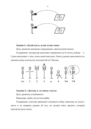 37
Задание 4. «Делай как я, делай лучше меня»
Цель: развитие внимания, координации, двигательной памяти.
Содержание: инструктор выполняет упражнение на 8 счетов, игроки 1-
2 раза выполняют с ним, затем самостоятельно. Очки судьями начисляются по
наимень-шему количеству неточностей из 5 баллов.
*
о.с. 1 2 3 и 4 5-6 7-8
Задание 5. «Достань и не сойди с места»
Цель: развитие устойчивости.
Инвентарь: кубик, кегли или шайба.
Содержание: участник принимает основную стойку, приседая, не сходя с
места и не опираясь руками об пол; он должен взять предмет, который
находится возле пяток.
Copyright ОАО «ЦКБ «БИБКОМ» & ООО «Aгентство Kнига-Cервис»
 