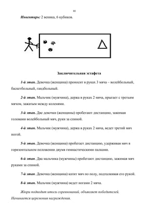 80
Инвентарь: 2 веника, 6 кубиков.
Заключительная эстафета
1-й этап. Девочка (женщина) проносит в руках 3 мяча – волейбольный,
баскетбольный, гандбольный.
2-й этап. Мальчик (мужчина), держа в руках 2 мяча, прыгает с третьим
мячом, зажатым между коленями.
3-й этап. Две девочки (женщины) пробегают дистанцию, зажимая
головами волейбольный мяч, руки за спиной.
4-й этап. Мальчик (мужчина), держа в руках 2 мяча, ведет третий мяч
ногой.
5-й этап. Девочка (женщина) пробегает дистанцию, удерживая мяч в
горизонтальном положении двумя гимнастическими палками.
6-й этап. Два мальчика (мужчины) пробегают дистанцию, зажимая мяч
руками за спиной.
7-й этап. Девочка (женщина) катит мяч по полу, подталкивая его рукой.
8-й этап. Мальчик (мужчина) ведет ногами 2 мяча.
Жюри подводит итоги соревнований, объявляет победителей.
Начинается церемония награждения.
Copyright ОАО «ЦКБ «БИБКОМ» & ООО «Aгентство Kнига-Cервис»
 