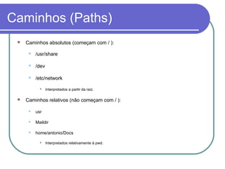 Caminhos (Paths)
 Caminhos absolutos (começam com / ):
 /usr/share
 /dev
 /etc/network
 Interpretados a partir da raiz.
 Caminhos relativos (não começam com / ):
 usr
 Maildir
 home/antonio/Docs
 Interpretados relativamente à pwd.
 