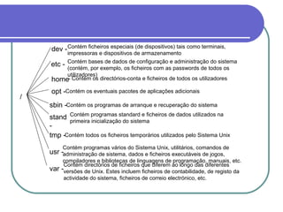 /
dev -
etc -
home
opt -
sbin -
stand
-
tmp -
usr -
var -
Contém ficheiros especiais (de dispositivos) tais como terminais,
impressoras e dispositivos de armazenamento
Contém bases de dados de configuração e administração do sistema
(contém, por exemplo, os ficheiros com as passwords de todos os
utilizadores)
- Contém os directórios-conta e ficheiros de todos os utilizadores
Contém os eventuais pacotes de aplicações adicionais
Contém os programas de arranque e recuperação do sistema
Contém programas standard e ficheiros de dados utilizados na
primeira inicialização do sistema
Contém todos os ficheiros temporários utilizados pelo Sistema Unix
Contém programas vários do Sistema Unix, utilitários, comandos de
administração de sistema, dados e ficheiros executáveis de jogos,
compiladores e bibliotecas de linguagens de programação, manuais, etc.
Contém directórios de ficheiros que diferem ao longo das diferentes
versões de Unix. Estes incluem ficheiros de contabilidade, de registo da
actividade do sistema, ficheiros de correio electrónico, etc.
 