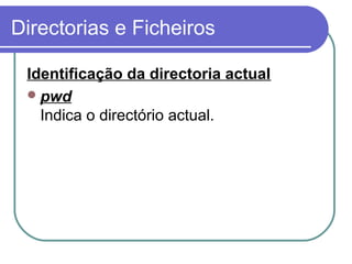 Directorias e Ficheiros
Identificação da directoria actual
pwd
Indica o directório actual.
 