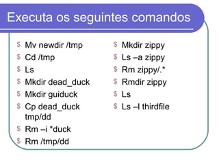 Executa os seguintes comandos
$ Mv newdir /tmp
$ Cd /tmp
$ Ls
$ Mkdir dead_duck
$ Mkdir guiduck
$ Cp dead_duck
tmp/dd
$ Rm –i *duck
$ Rm /tmp/dd
$ Mkdir zippy
$ Ls –a zippy
$ Rm zippy/.*
$ Rmdir zippy
$ Ls
$ Ls –l thirdfile
 