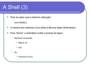 A Shell (3)
 Para se saber qual a shell em utilização:
 echo $SHELL
 A maioria dos sistemas Linux utiliza a Bourne Again Shell (bash);
 Para “fechar” a shell Bash (voltar à prompt de login):
 Escrever na prompt:
 logout, ou
 exit
 Ou
 Pressionar Ctrl+D.
 