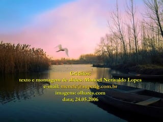 Créditos:Créditos:
texto e montagem de slides: Manoel Nerivaldo Lopestexto e montagem de slides: Manoel Nerivaldo Lopes
e-mail:e-mail: menele@superig.com.brmenele@superig.com.br
imagens: olhares.comimagens: olhares.com
data; 24.05.2006data; 24.05.2006
 
