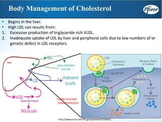 Body Management of Cholesterol
• Begins in the liver.
• High LDL can results from:
1. Excessive production of triglyceride rich VLDL.
2. Inadequate uptake of LDL by liver and peripheral cells due to low numbers of or
genetic defect in LDL receptors.
http://www.ncbi.nlm.nih.gov/pubmed/3330421
 