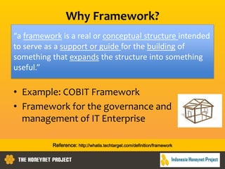 Why Framework?
• Example: COBIT Framework
• Framework for the governance and
management of IT Enterprise
“a framework is a real or conceptual structure intended
to serve as a support or guide for the building of
something that expands the structure into something
useful.”
Reference: http://whatis.techtarget.com/definition/framework
 