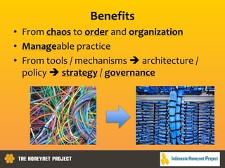 Benefits
• From chaos to order and organization
• Manageable practice
• From tools / mechanisms  architecture /
policy  strategy / governance
 