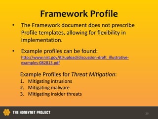 29
• The Framework document does not prescribe
Profile templates, allowing for flexibility in
implementation.
• Example profiles can be found:
http://www.nist.gov/itl/upload/discussion-draft_illustrative-
examples-082813.pdf
Example Profiles for Threat Mitigation:
1. Mitigating intrusions
2. Mitigating malware
3. Mitigating insider threats
Framework Profile
 