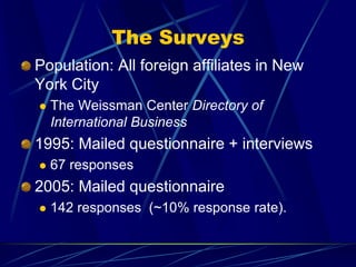 The Surveys
Population: All foreign affiliates in New
York City
 The Weissman Center Directory of
International Business
1995: Mailed questionnaire + interviews
 67 responses
2005: Mailed questionnaire
 142 responses (~10% response rate).
 