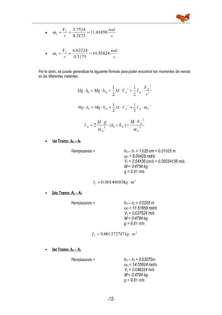 •
s
rad
r
V
81858.11
3175.0
7524.32
2 ===ω
•
s
rad
r
V
55824.14
3175.0
62224.43
3 ===ω
Por lo tanto, se puede generalizar la siguiente fórmula para poder encontrar los momentos de inercia
en los diferentes instantes:
2
2
2
0
2
1
2
1
r
V
IVMhMghMg Ai
AiAiAi ⋅+⋅+⋅=⋅
22
0
2
1
2
1
AiAiAiAi IVMhMghMg ω⋅+⋅+⋅=⋅
2
2
02
)(2
Ai
Ai
Ai
Ai
Ai
VM
hh
gM
I
ωω
⋅
−−⋅
⋅
=
• 1er Tramo: A0 – A1
Remplazando = h0 – h1 = 1.025 cm = 0.01025 m
ω1 = 8.00428 rad/s
V1 = 2.54136 cm/s = 0.00254136 m/s
M = 0.4784 kg
g = 9.81 m/s
2
1 00149683.0 mkgI ⋅≈
• 2do Tramo: A0 – A2
Remplazando = h0 – h2 = 0.0205 m
ω2 = 11.81858 rad/s
V2 = 0.037524 m/s
M = 0.4784 kg
g = 9.81 m/s
2
2 001372747.0 mkgI ⋅≈
• 3er Tramo: A0 – A3
Remplazando = h0 – h3 = 0.03075m
ω3 = 14.55824 rad/s
V3 = 0.046224 m/s
M = 0.4784 kg
g = 9.81 m/s
-12-
 