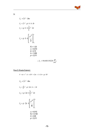 Si:
mrIC ∂⋅∫= 2
rhbrIC ∂⋅⋅⋅⋅∫= ρ2
∫ ∂⋅⋅⋅=
2
1
2
r
R
C rrhbI ρ






⋅⋅=
3
3 2
1
r
r
R
A hbI ρ
R1 = 1.35
r2 = 4.915
b = 0.72
h = 1.058
ρ = 3.211
2
80119224.94
cm
gr
IC =∴
Para D (Rueda Exterior):
VrhrVhrV ∂⋅=∂⋅⋅⋅=∂→⋅⋅= ρππ 22
mrID ∂⋅∫= 2
∫ ∂⋅⋅⋅⋅⋅= rrhrID πρ 22
∫ ∂⋅⋅⋅=
2
2
3
2
R
r
D rrhI πρ






⋅⋅=
4
4
2
2
2
r
R
r
D hI πρ
r2 = 4.915
R2 = 6.165
h = 2.66
ρ = 3.211
-16-
 