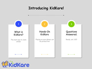 What is
KidKare?
The best way to claim
online!
Introducing KidKare!
Hands-On
KidKare
Playing on your phone can
be productive!
Questions
Answered.
Ready, set, GO!
1 2 3
 