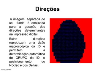 Direções
A imagem, separada do
seu fundo, é analisada
para a geração das
direções determinantes
na impressão digital.
Estas direções
reproduzem uma visão
macroscópica da ID e
permitem a
determinação automática
do GRUPO da ID, o
posicionamento do
Núcleo e dos Deltas.
Ivanise C.S.Mota
 