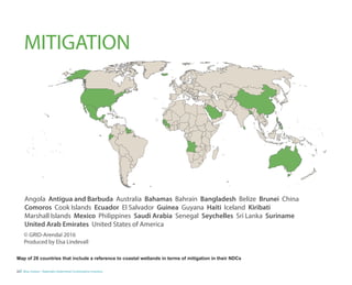 22 Blue Carbon - Nationally Determined Contributions Inventory
Angola Antigua and Barbuda Australia Bahamas Bahrain Bangladesh Belize Brunei China
Comoros Cook Islands Ecuador El Salvador Guinea Guyana Haiti Iceland Kiribati
Marshall Islands Mexico Philippines Saudi Arabia Senegal Seychelles Sri Lanka Suriname
United Arab Emirates United States of America
© GRID-Arendal 2016
Produced by Elsa Lindevall
MITIGATION
Map of 28 countries that include a reference to coastal wetlands in terms of mitigation in their NDCs
 