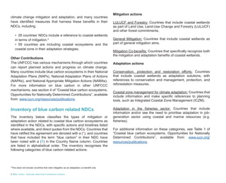 4 Blue Carbon - Nationally Determined Contributions Inventory
Inventory of blue carbon related NDCs
The inventory below classifies the types of mitigation or
adaptation action related to coastal blue carbon ecosystems as
identified in the NDCs, with specific actions and timelines listed
where available, and direct quotes from the NDCs. Countries that
have ratified the agreement are denoted with a (*), and countries
that have included the term “blue carbon” in their NDC have
been noted with a (Ŧ) in the Country Name column. Countries
are listed in alphabetical order. The inventory recognises the
following categories of blue carbon related actions:
Mitigation actions
LULUCF and Forestry: Countries that include coastal wetlands
as part of Land Use, Land-Use Change and Forestry (LULUCF)
and other forest commitments.
General Mitigation: Countries that include coastal wetlands as
part of general mitigation aims.
Mitigation Co-benefits: Countries that specifically recognize both
the mitigation and adaptation benefits of coastal wetlands.
Adaptation actions
Conservation, protection and restoration efforts: Countries
that include coastal wetlands as adaptation solutions, with
references to conservation and management, protection, and
reforestation measures.
Coastal zone management for climate adaptation: Countries that
include information and make specific references to planning
tools, such as Integrated Coastal Zone Management (ICZM).
Adaptation in the fisheries sector: Countries that include
information and/or see the need to prioritise adaptation in job-
generation sector using coastal and marine resources (e.g.
fisheries).
For additional information on these categories, see Table 1 of
“Coastal blue carbon ecosystems. Opportunities for Nationally
Determined Contributions”, available from: www.iucn.org/
resources/publications.
climate change mitigation and adaptation, and many countries
have identified measures that harness these benefits in their
NDCs, including:
• 28 countries’ NDCs include a reference to coastal wetlands
in terms of mitigation.*
• 59 countries are including coastal ecosystems and the
coastal zone in their adaptation strategies.
Other Contributions
The UNFCCC has various mechanisms through which countries
can report planned actions and progress on climate change.
Many countries include blue carbon ecosystems in their National
Adaptation Plans (NAPs), National Adaptation Plans of Actions
(NAPAs), and National Appropriate Mitigation Actions (NAMAs).
For more information on blue carbon in other UNFCCC
mechanisms, see section 4 of “Coastal blue carbon ecosystems.
Opportunities for Nationally Determined Contributions”, available
from: www.iucn.org/resources/publications.
*This does not include countries that note mitigation as an adaptation co-benefit only
 