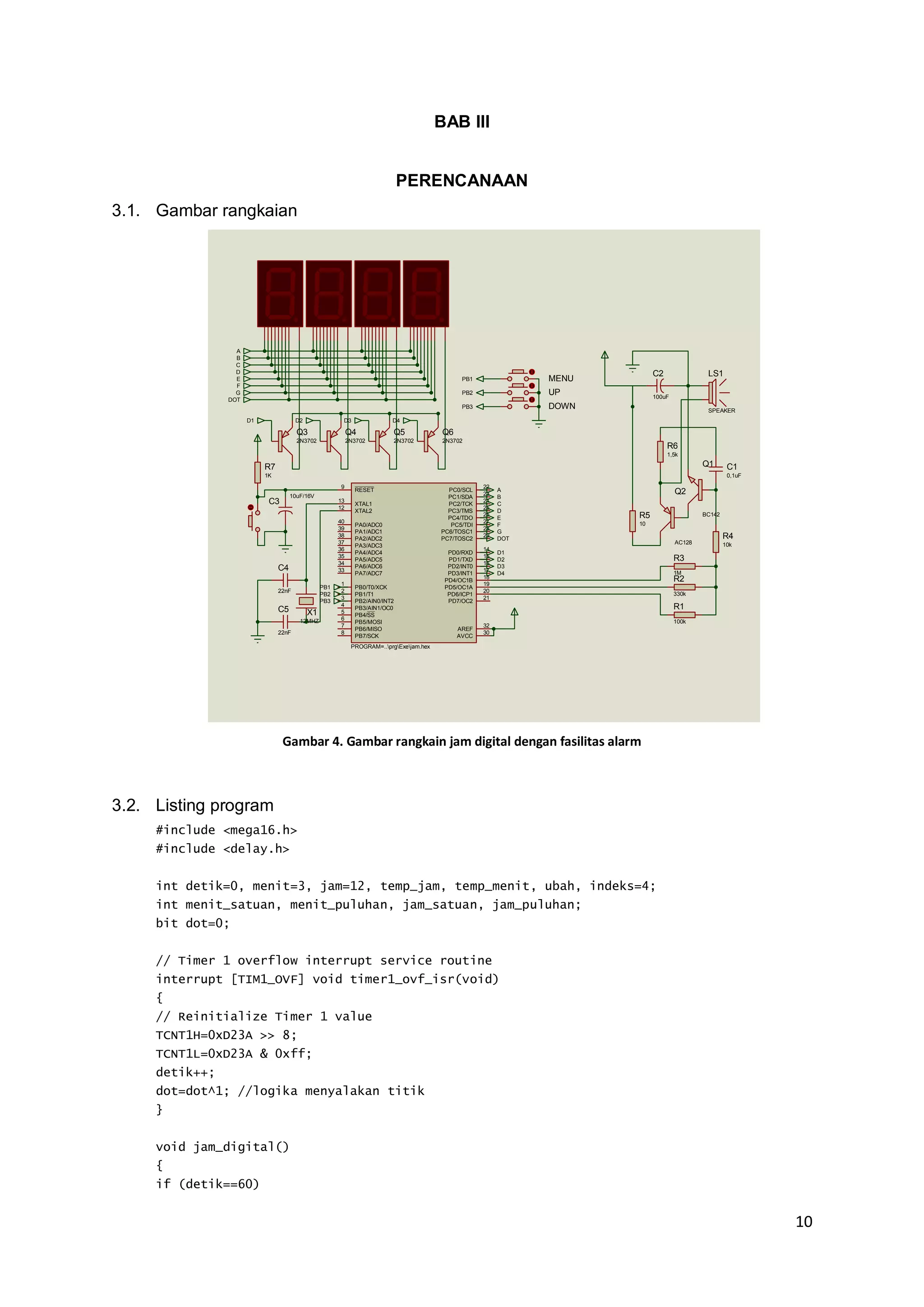 10 
BAB III 
PERENCANAAN 
3.1. Gambar rangkaian 
Gambar 4. Gambar rangkain jam digital dengan fasilitas alarm 
3.2. Listing program 
#include <mega16.h> 
#include <delay.h> 
int detik=0, menit=3, jam=12, temp_jam, temp_menit, ubah, indeks=4; 
int menit_satuan, menit_puluhan, jam_satuan, jam_puluhan; 
bit dot=0; 
// Timer 1 overflow interrupt service routine 
interrupt [TIM1_OVF] void timer1_ovf_isr(void) 
{ 
// Reinitialize Timer 1 value 
TCNT1H=0xD23A >> 8; 
TCNT1L=0xD23A & 0xff; 
detik++; 
dot=dot^1; //logika menyalakan titik 
} 
void jam_digital() 
{ 
if (detik==60) 
PB0/T0/XCK 
1 
PB1/T1 
2 
PB2/AIN0/INT2 
3 
PB3/AIN1/OC0 
4 
PB4/SS 
5 
PB5/MOSI 
6 
PB6/MISO 
7 
PB7/SCK 
8 
RESET 
9 
XTAL2 
12 
XTAL1 
13 
PD0/RXD 
14 
PD1/TXD 
15 
PD2/INT0 
16 
PD3/INT1 
17 
PD4/OC1B 
18 
PD5/OC1A 
19 
PD6/ICP1 
20 
PD7/OC2 
21 
PC0/SCL 
22 
PC1/SDA 
23 
PC2/TCK 
24 
PC3/TMS 
25 
PC4/TDO 
26 
PC5/TDI 
27 
PC6/TOSC1 
28 
PC7/TOSC2 
29 
PA7/ADC7 
33 
PA6/ADC6 
34 
PA5/ADC5 
35 
PA4/ADC4 
36 
PA3/ADC3 
37 
PA2/ADC2 
38 
PA1/ADC1 
39 
PA0/ADC0 
40 
AREF 
32 
AVCC 
30 
PROGRAM=..prgExejam.hex 
X1 
12MHZ 
C4 
22nF 
C5 
22nF 
R7 
1K 
C3 
10uF/16V 
D1 
D2 
D3 
D4 
Q3 
2N3702 
Q4 
2N3702 
Q5 
2N3702 
Q6 
2N3702 
A 
B 
C 
D 
E 
F 
G 
DOT 
D1 D2 D3 D4 
A 
B 
C 
D 
E 
F 
G 
DOT 
UP 
MENU 
DOWN 
PB1 
PB2 
PB3 
PB1 
PB2 
PB3 
R1 
100k 
R2 
330k 
R3 
1M 
R4 
10k 
Q1 
BC142 
Q2 
AC128 
C1 
0,1uF 
R5 
10 
R6 
1,5k 
LS1 
SPEAKER 
C2 
100uF 
 