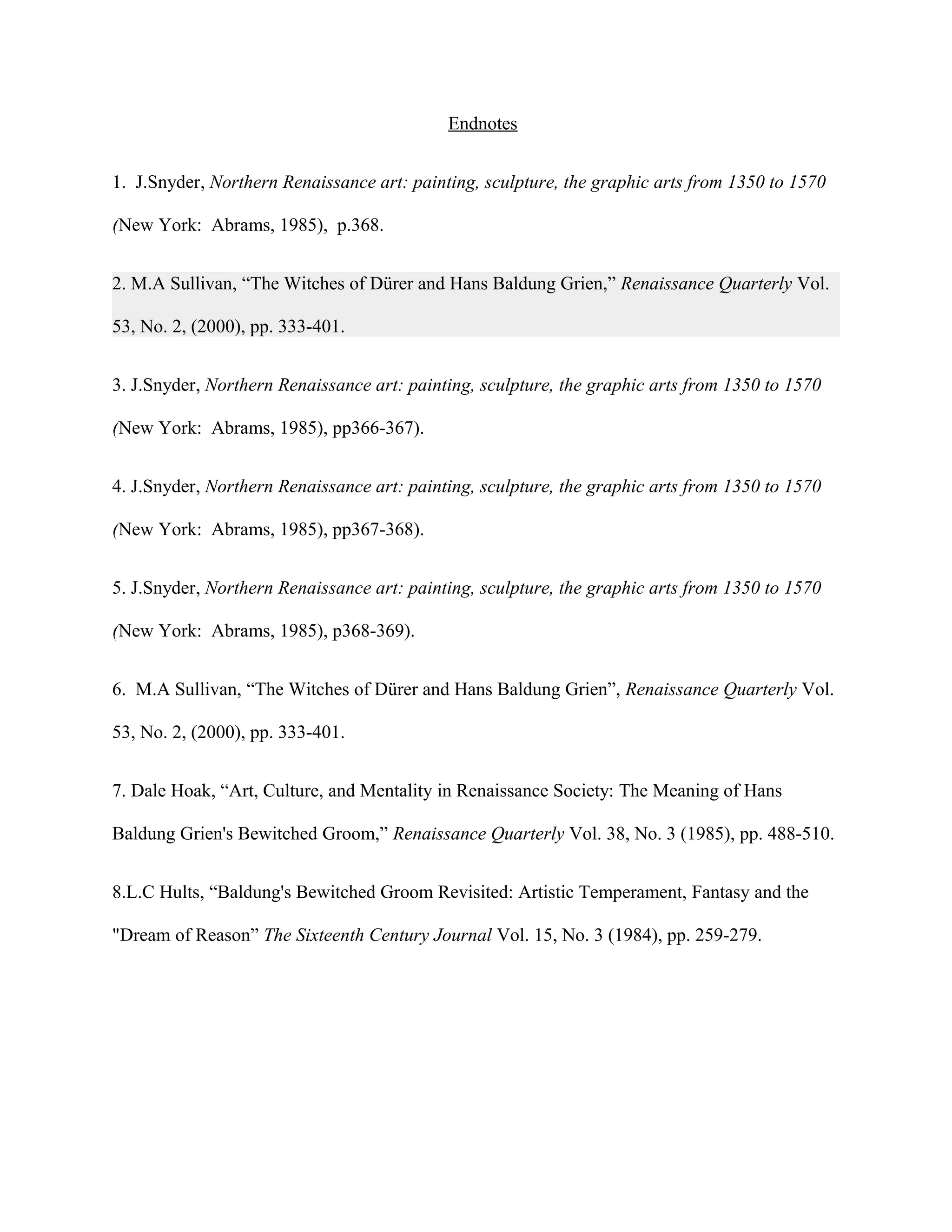 Endnotes
1. J.Snyder, Northern Renaissance art: painting, sculpture, the graphic arts from 1350 to 1570
(New York: Abrams, 1985), p.368.
2. M.A Sullivan, “The Witches of Dürer and Hans Baldung Grien,” Renaissance Quarterly Vol.
53, No. 2, (2000), pp. 333-401.
3. J.Snyder, Northern Renaissance art: painting, sculpture, the graphic arts from 1350 to 1570
(New York: Abrams, 1985), pp366-367).
4. J.Snyder, Northern Renaissance art: painting, sculpture, the graphic arts from 1350 to 1570
(New York: Abrams, 1985), pp367-368).
5. J.Snyder, Northern Renaissance art: painting, sculpture, the graphic arts from 1350 to 1570
(New York: Abrams, 1985), p368-369).
6. M.A Sullivan, “The Witches of Dürer and Hans Baldung Grien”, Renaissance Quarterly Vol.
53, No. 2, (2000), pp. 333-401.
7. Dale Hoak, “Art, Culture, and Mentality in Renaissance Society: The Meaning of Hans
Baldung Grien's Bewitched Groom,” Renaissance Quarterly Vol. 38, No. 3 (1985), pp. 488-510.
8.L.C Hults, “Baldung's Bewitched Groom Revisited: Artistic Temperament, Fantasy and the
"Dream of Reason” The Sixteenth Century Journal Vol. 15, No. 3 (1984), pp. 259-279.
 