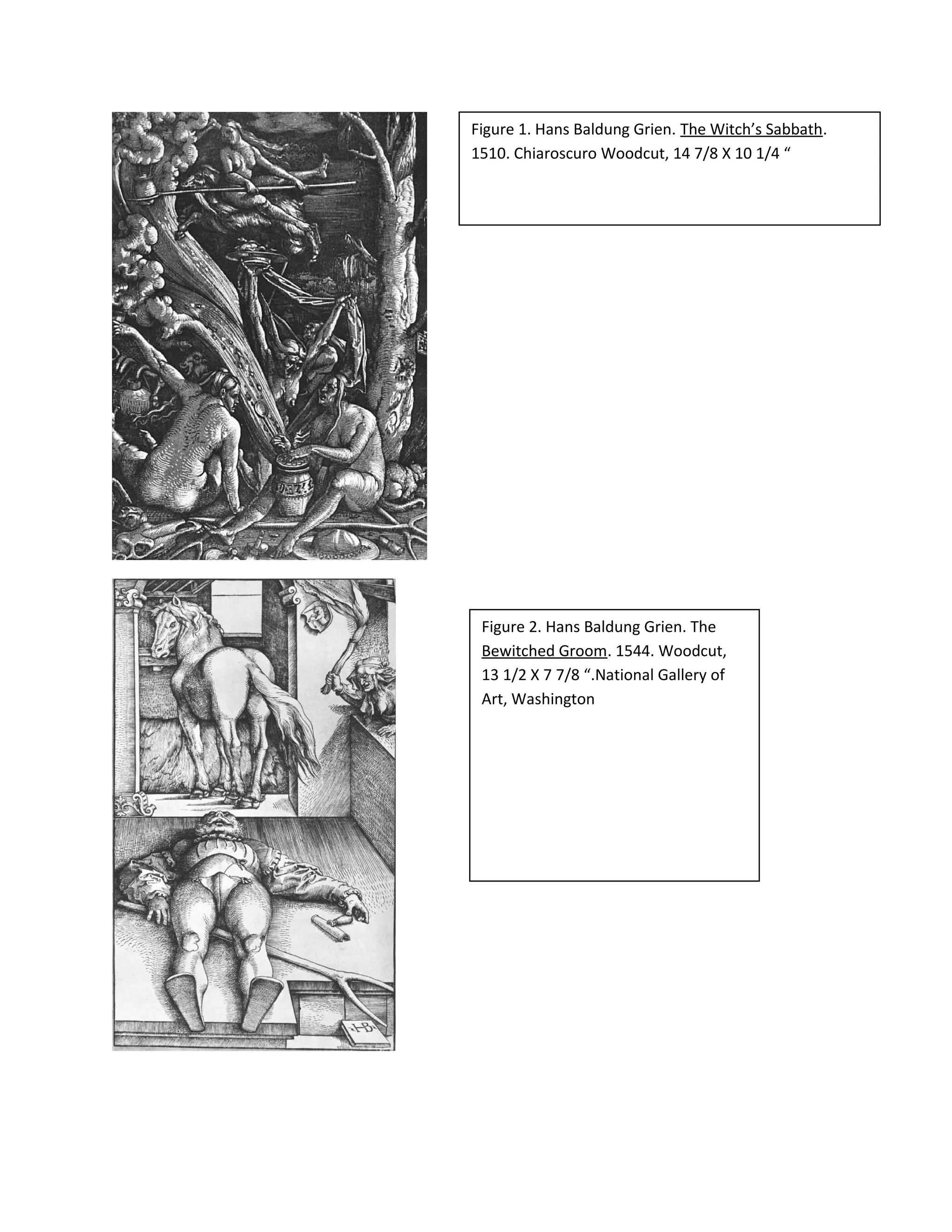 Figure 1. Hans Baldung Grien. The Witch’s Sabbath.
1510. Chiaroscuro Woodcut, 14 7/8 X 10 1/4 “
Figure 2. Hans Baldung Grien. The
Bewitched Groom. 1544. Woodcut,
13 1/2 X 7 7/8 “.National Gallery of
Art, Washington
 