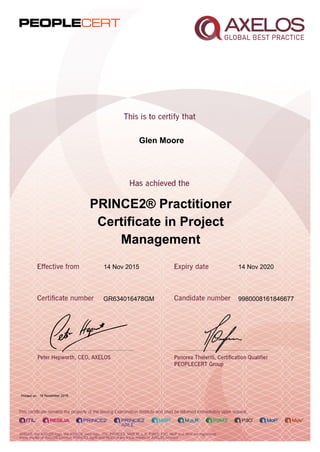 Glen Moore
PRINCE2® Practitioner
Certificate in Project
Management
14 Nov 2015
GR634016478GM 9980008161846677
Printed on 16 November 2015
14 Nov 2020
 