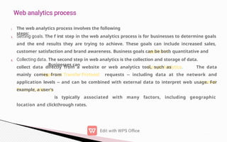 1.
2.
The web analytics process involves the following
steps:
The f irst step in the web analytics process is for businesses to determine goals
and the end results they are trying to achieve. These goals can include increased sales,
customer satisfaction and brand awareness. Business goals can be both quantitative and
The second step in web analytics is the collection and storage of data.
Businesses can
collect data directly from a website or web analytics tool, such as The data
mainly comes from requests -- including data at the network and
application levels -- and can be combined with external data to interpret web usage. For
example, a user's
is typically associated with many factors, including geographic
location and clickthrough rates.
 