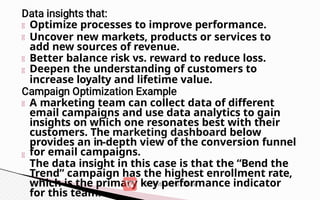 Optimize processes to improve performance.
Uncover new markets, products or services to
add new sources of revenue.
Better balance risk vs. reward to reduce loss.
Deepen the understanding of customers to
increase loyalty and lifetime value.
A marketing team can collect data of different
email campaigns and use data analytics to gain
insights on which one resonates best with their
customers. The marketing dashboard below
provides an in-depth view of the conversion funnel
for email campaigns.
The data insight in this case is that the “Bend the
Trend” campaign has the highest enrollment rate,
which is the primary key performance indicator
for this team.
 