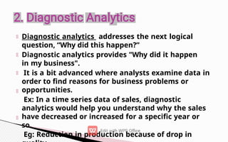 Diagnostic analytics addresses the next logical
question, “Why did this happen?”
Diagnostic analytics provides "Why did it happen
in my business".
It is a bit advanced where analysts examine data in
order to find reasons for business problems or
opportunities.
Ex: In a time series data of sales, diagnostic
analytics would help you understand why the sales
have decreased or increased for a specific year or
so.
Eg: Reduction in production because of drop in
 