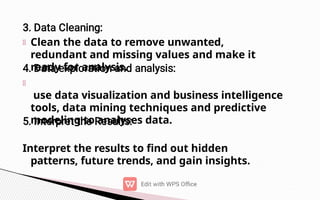 Clean the data to remove unwanted,
redundant and missing values and make it
ready for analysis.
use data visualization and business intelligence
tools, data mining techniques and predictive
modeling to analyses data.
Interpret the results to find out hidden
patterns, future trends, and gain insights.
 