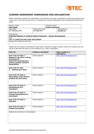 LEARNER ASSESSMENT SUBMISSION AND DECLARATION
When submitting evidence for assessment, each learner must sign a declaration confirming that the work
is their own. You may use this form, or incorporate a learner declaration into an Assignment Brief front
sheet.
Learner name:
Jake Hyatt
Assessor name:
Jordan Eastwood
Issue date:
23rd
February 2015
Submission date:
22nd
May 2015
Submitted on:
22/05/15
Programme:
Extended Diploma in Creative Media Production – Games Development
Unit:
UNIT 74: COMPUTER GAME STORY DEVELOPMENT
Assignment reference and title:
Please list the evidence submitted for each task. Indicate the page numbers where the evidence can be
found or describe the nature of the evidence (e.g. video, illustration).
LEARNER ASSESSMENT SUBMISSION AND DECLARATION
Task ref. Evidence submitted Page numbers or
description
Unit 72 & 74 Task 1 -
Research into story writing
techniques &
historical/contemporary
comics, graphic novels &
illustrations.
Cited research. http://jhunit74.blogspot.de/
Unit 72 & 74 Task
2 - Writing your story
Cited research. http://jhunit74.blogspot.de/
Unit 72 & 74 Task 3 -
Generating visual ideas &
artwork for your story
Cited research. http://jhunit74.blogspot.de/
Unit 72 & 74 Task 4 -
Development of a
storyboard
Cited research. http://jhunit74.blogspot.de/
Unit 72 & 74 Task 5 -
Further Development of
storyboard
Cited research. http://jhunit74.blogspot.de/
Unit 72 & 74 Task 6 -
Outcome
Cited research. http://jhunit74.blogspot.de/
Unit 72 & 74 Task 7 -
Present & Evaluate
Cited research. http://jhunit74.blogspot.de/
Additional comments to the Assessor:
 